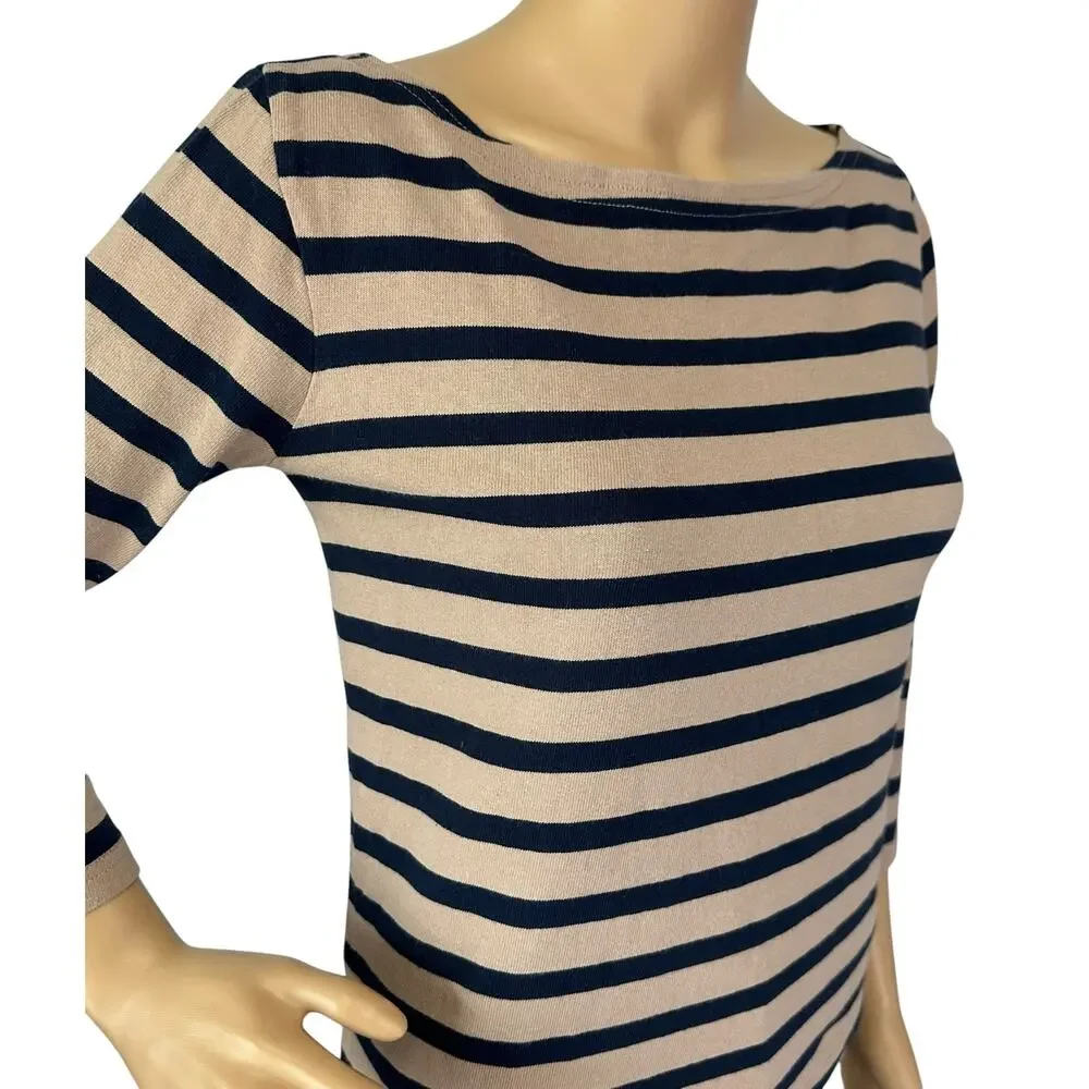J. Crew Classic Mariner Cloth Boatneck T-Shirt in Stripe Tan H6778 Size XXS